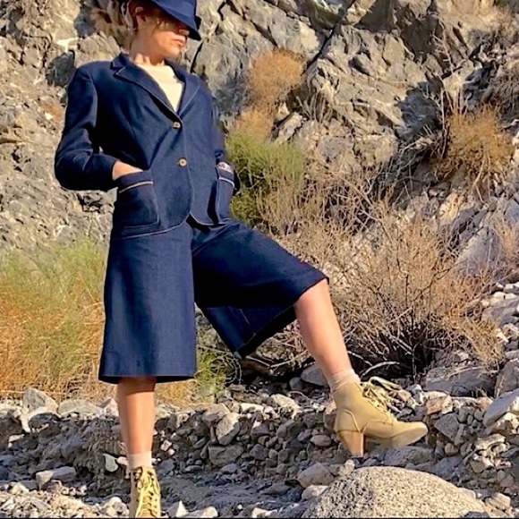 VTG 70s Dark Raw Denim Wide Leg Bermuda Shorts & Coordinated Blazer Set, sz 6/8 - Picture 14 of 16